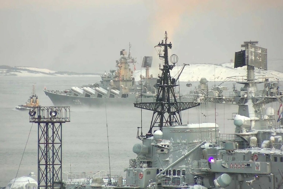 A guided-missile cruiser joins a naval exercise recently held by the Russian Northern Fleet in the Barents Sea, Russia.