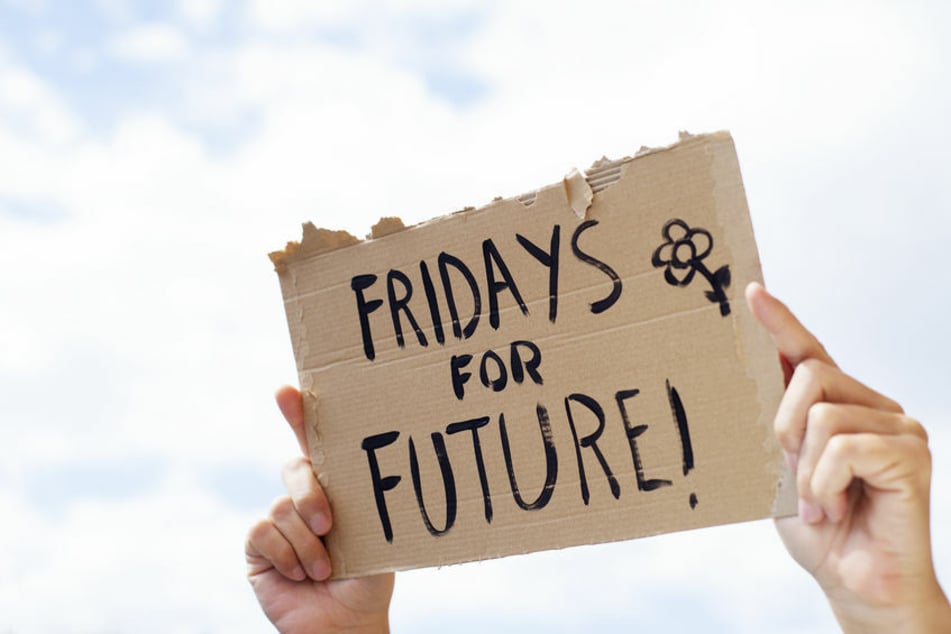 Eine Person hält ein Schild hoch, auf dem "FRIDAYS FOR FUTURE!" geschrieben steht.