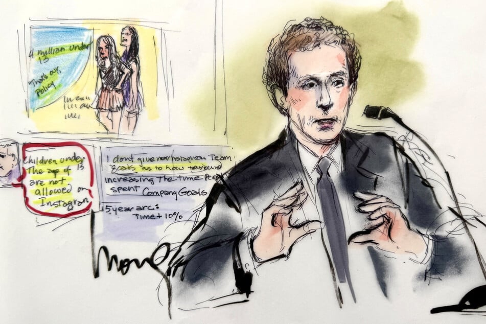 A courtroom sketch depicts Meta Platforms CEO Mark Zuckerberg testifying at a Los Angeles Superior Court trial on February 18, 2026.
