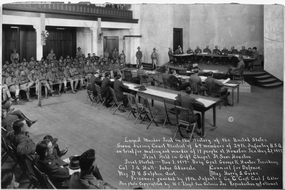Buffalo Soldiers on trial during the first court-martial at Fort Sam Houston, Texas, in November 1917.