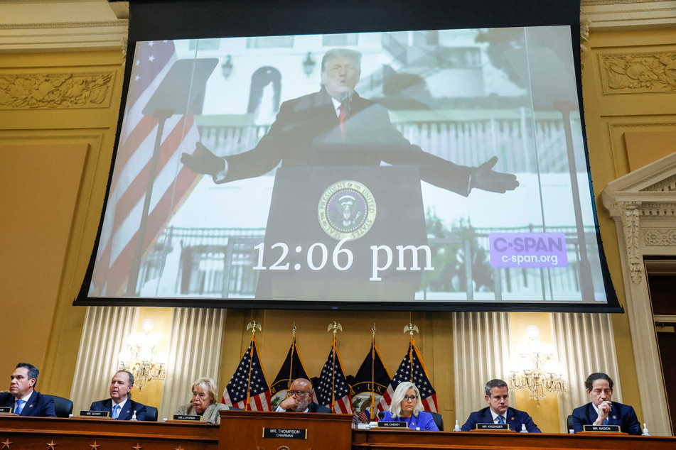 Donald Trump speaks to a crowd of supporters on January 6, 2021, in footage shown during the hearing.