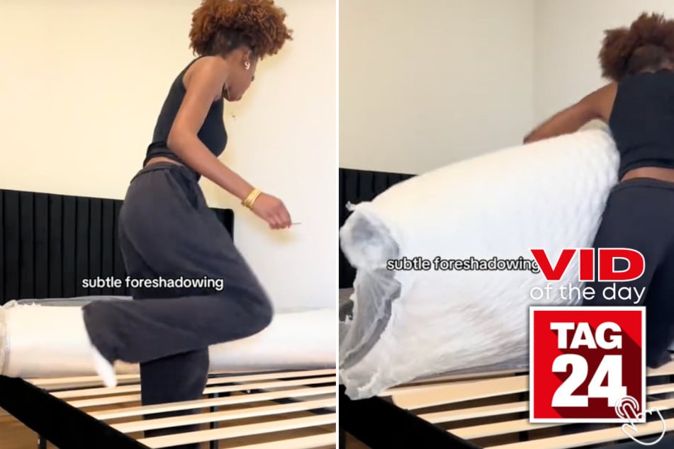 Today's Viral Video of the Day features a woman on TikTok who got "eaten" by her bed while opening up her brand new mattress!