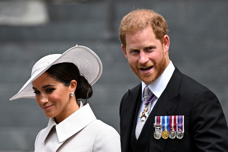Prince Harry and his wife, Meghan Markle, leaving after the National Service of Thanksgiving held at St Paul's Cathedral as part of celebrations marking the Platinum Jubilee.