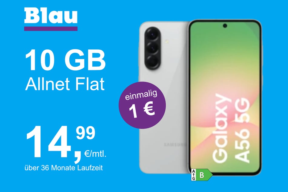 Das Samsung Galaxy A56 5G im Blau Allnet S für einmalig 1 Euro.