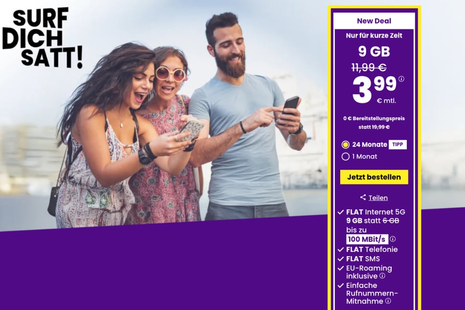 Jetzt Tarif bei sim24 abschließen und 9 GB Datenvolumen für nur 3,99 statt 11,99 Euro erhalten.