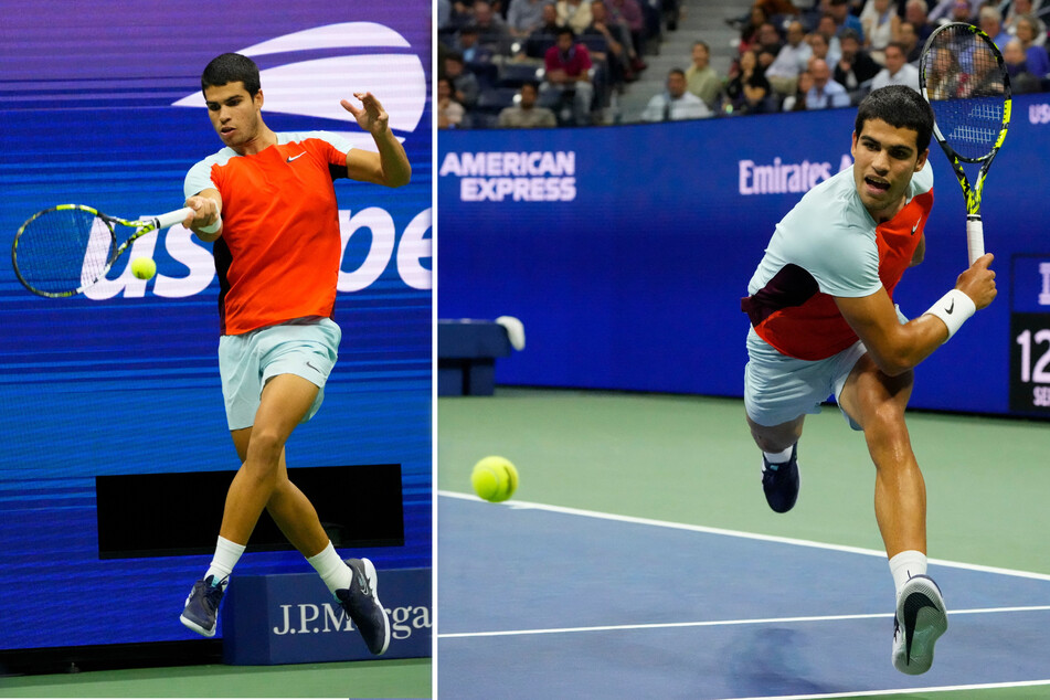 Carlos Alcaraz of Spain returns the ball to Jannik Sinner of Italy on day 10 of the 2022 US Open.