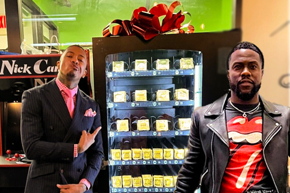 Kevin Hart (r.) gifted Nick Cannon (l.) a vending machine full of condoms.