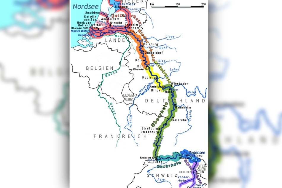 Verlauf des Rheins durch Mitteleuropa.