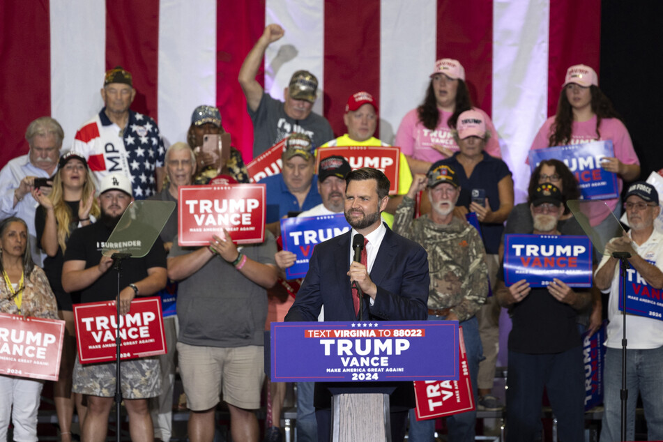 Vice Presidential nominee JD Vance speaking at a campaign event at Radford University in Radford, Virginia on July 22, 2024.