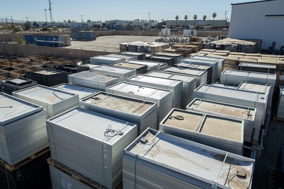 Damaged solar panels to be recycled are pictured at the We Recycle Solar plant in Yuma, Arizona.