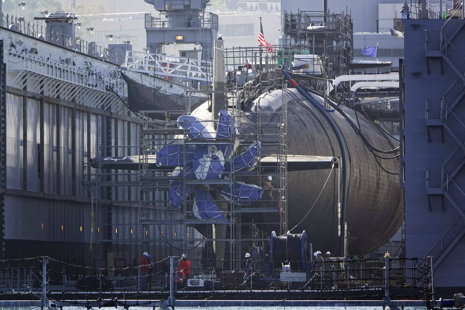 A United States Navy Los Angeles class nuclear-powered fast attack submarine is dry docked at Naval Base Point Loma.