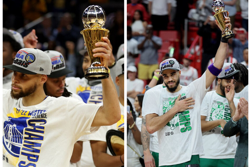 The Warriors' Stephen Curry (l.) will go head-to-head against the Celtics' Jayson Tatum (r.).