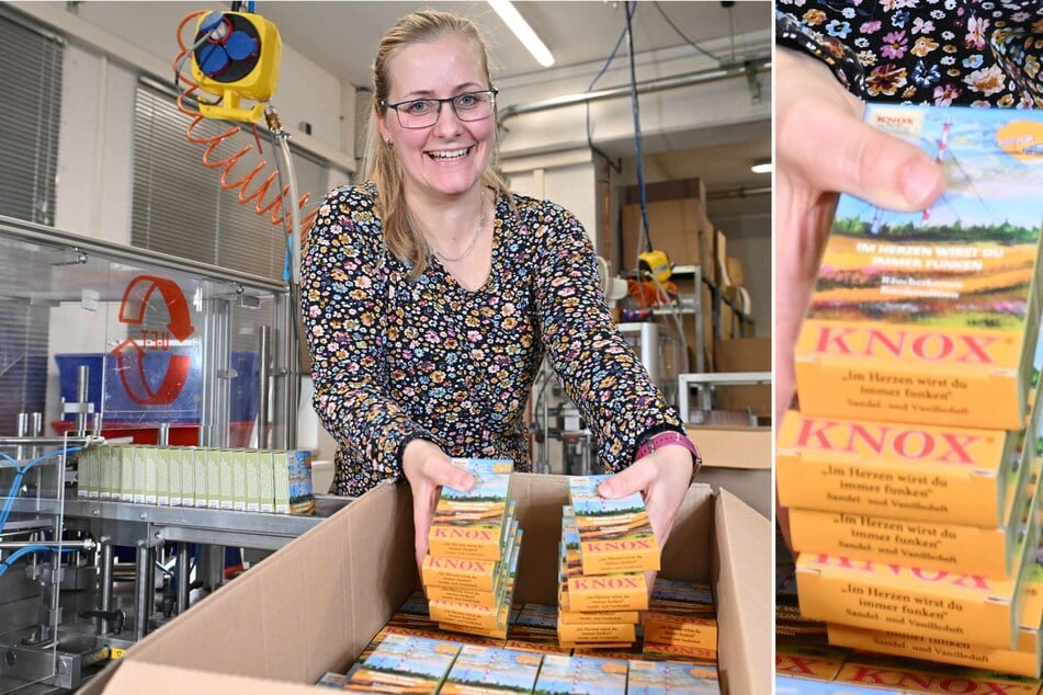 Für den Wilsdruffer Funkturm: Sabine Gleis (34) verpackt die Sonderedition der KNOX-Räucherkerzen. Nur 1000 Päckchen gehen auf den Markt.