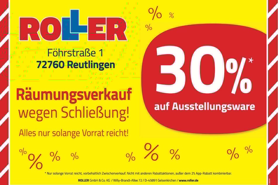 Während des Räumungsverkaufs bei ROLLER in Reutlingen warten 30 Prozent Nachlass beim Möbelkauf.¹