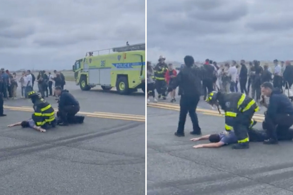 Video taken on the LaGuardia tarmac shows a man being detained by first responders.