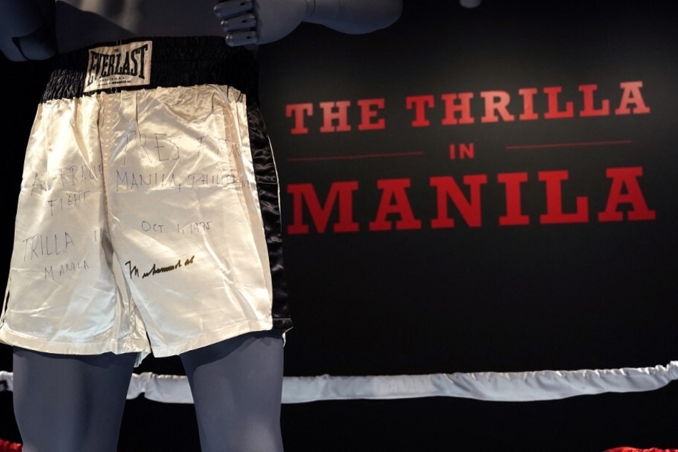 Muhammad Ali’s shorts worn during the 1975 legendary match against Joe Frazier, "The Thrilla in Manila," are on display during Sports Week auctions at Sotheby's in New York City.