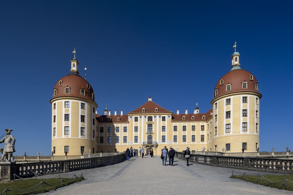 Im Schloss Moritzburg können Besucher prunkvolle Säle und das berühmte Federzimmer entdecken.