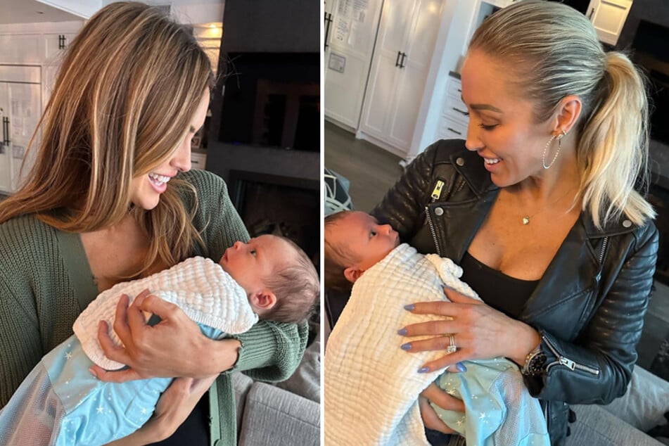 Chrishell Stause (l) and Mary Fitzgerald (r) met Selling Sunset co-star Heather Rae El Moussa's newborn son.