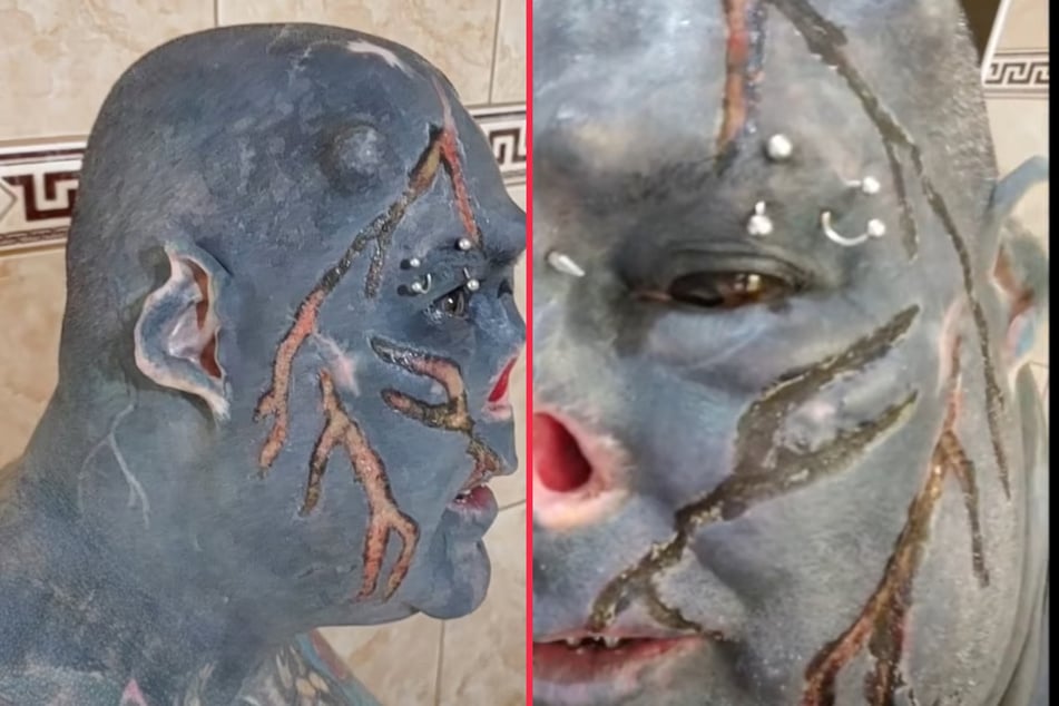 Extreme tattoo and body mod addict "Satan" brands face with soldering iron