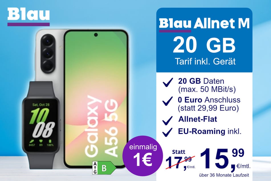 Das Samsung Galaxy A56 + Galaxy Fit 3 im Blau Allnet M für einmalig 1 Euro.