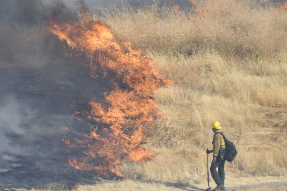 Agua Dulce: Ein Feuerwehrmann kämpft gegen ein sich schnell ausbreitendes Feuer.