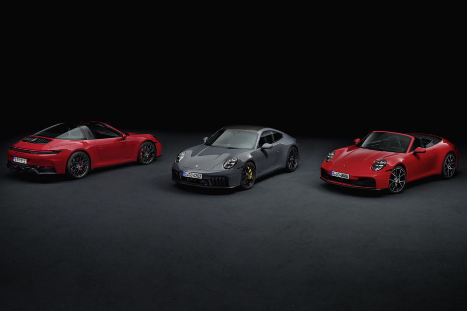 Die neu vorgestellten Modelle der 911-Familie: Targa 4 GTS (v.l.), Carrera GTS und Carrera Cabriolet.