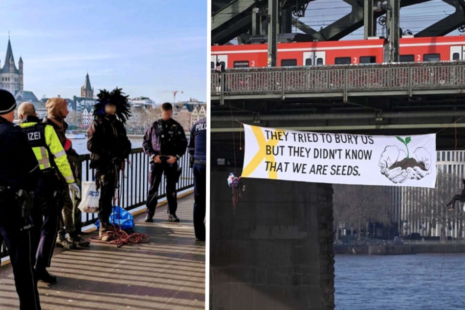 Im Kampf für Lützerath: Aktivisten seilen sich mit Plakat von Hohenzollern-Brücke ab!