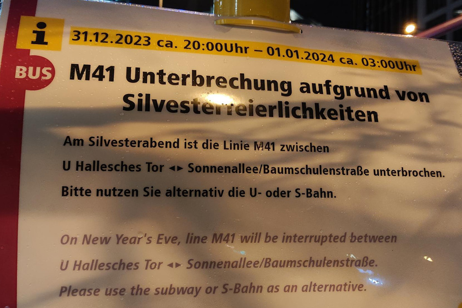 Die Buslinie M41 wird in der Silvesternacht komplett eingestellt.