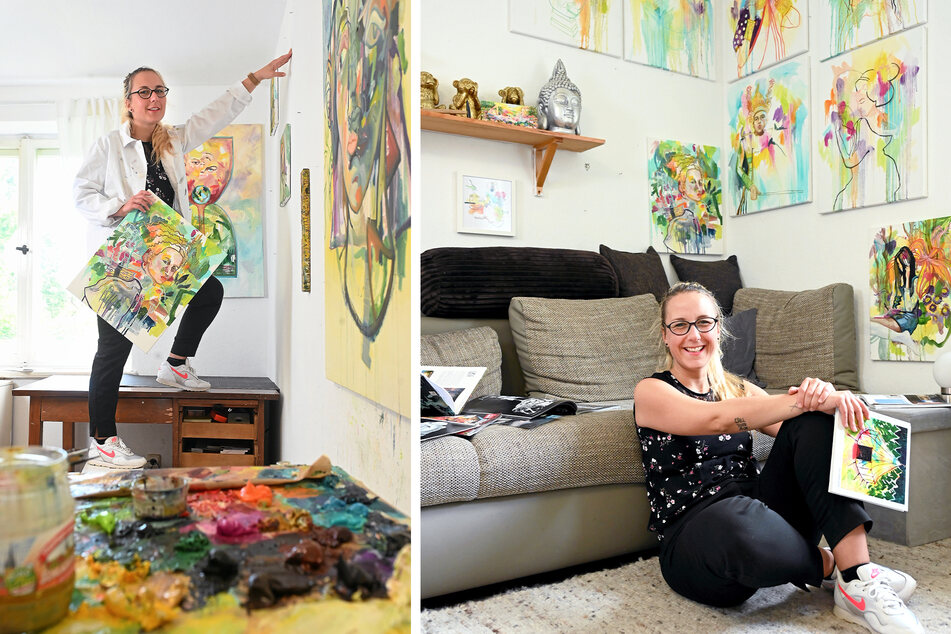 Viktoria Graf (36) in ihrem Wohn-Atelier. Um sie herum hängen Bilder, die sie noch nicht beendet hat.