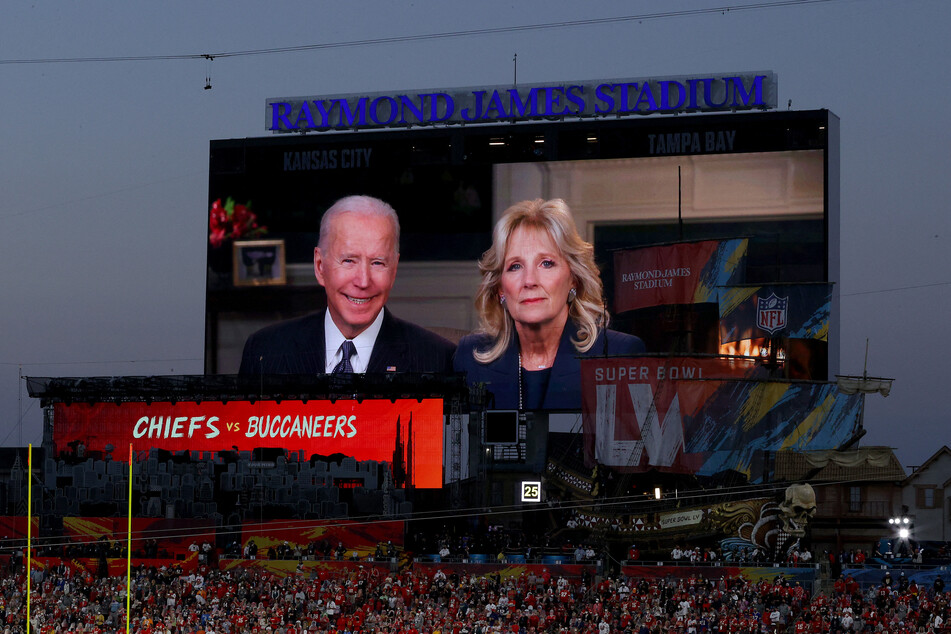 Joe Biden and first lady Jill Biden appearing on the jumbotron during Super Bowl LV.