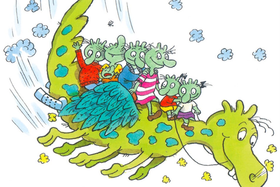 Die Grafik zeigt "Die Olchis fliegen auf Feuerstuhl". Seit 30 Jahren bringen die grünen Olchis Kinder zum Lesen.