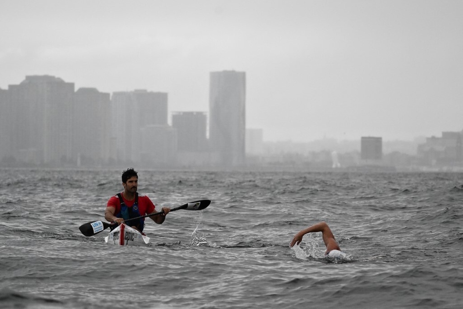 Lewis Pugh arrives at the finish of his 315-mile Hudson River swim in New York on September 13, 2023.