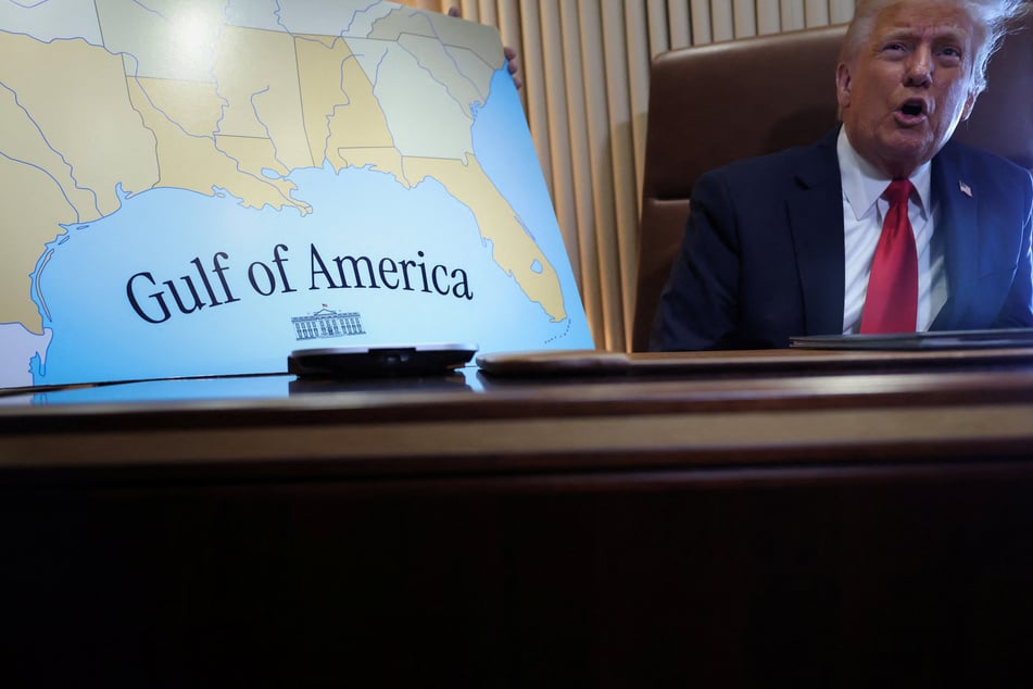 President Donald Trump speaks to reporters after signing a proclamation renaming the Gulf of Mexico to the "Gulf of America" on February 9, 2025.