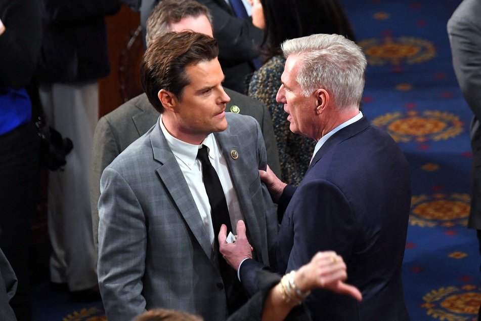 Kevin McCarthy (r.) speaking to Representative Matt Gaetz in the House Chamber at the US Capitol in January.