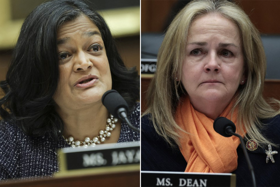Representatives Pramila Jayapal (l.), Madeleine Dean (r.), and 55 of their colleagues signed a letter to President Joe Biden calling to limit military aid to Israel in order to protect Palestinians in Rafah.
