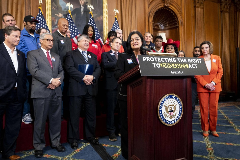 Congressional Progressive Caucus Chair and Washington Rep. Pramila Jayapal speaks at an event in support of the PRO Act.