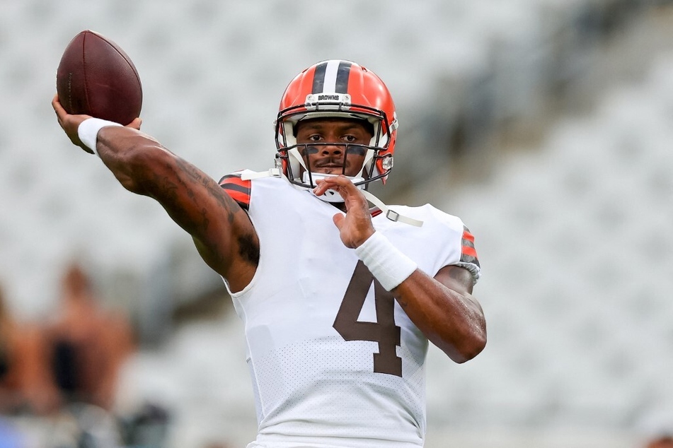 Deshaun Watson of the Cleveland Browns warms up prior to a football game against the Jacksonville Jaguars during the 2022 preseason.