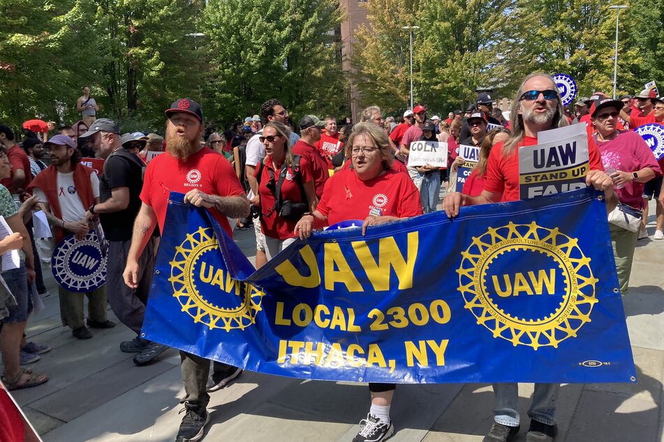 UAW Local 2300 members and allies rally for better wages and working conditions at Cornell University in Ithaca, New York.