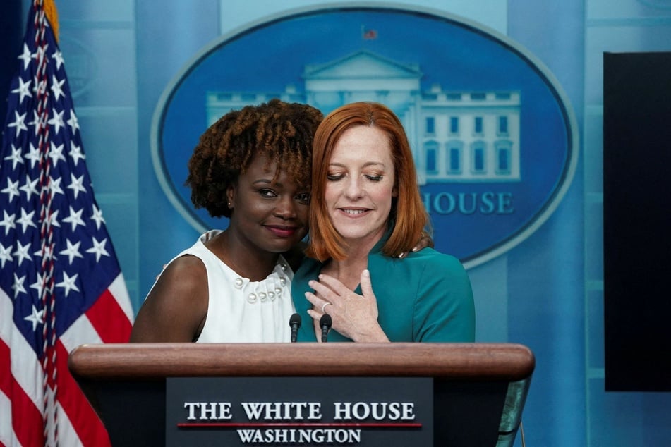Karine Jean-Pierre (l.) being introduced by Jen Psaki as her successor in the White House press secretary role.