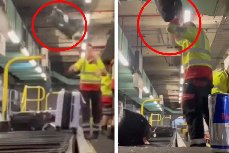 In dem Video ist mehrmals zu sehen, wie Mitarbeiter Koffer durch die Luft schmeißen oder sie mit voller Wucht auf das Ladeband knallen.