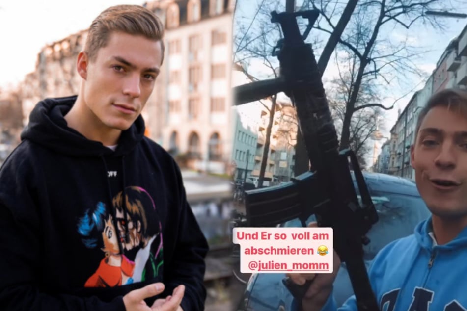 Henrik Stoltenberg (24) sorgt mit einer Instagram-Story für Wirbel. Sie zeigt, wie der "Love Island"-Star mit einer täuschend echt aussehenden Waffe hantiert. (Fotomontage)