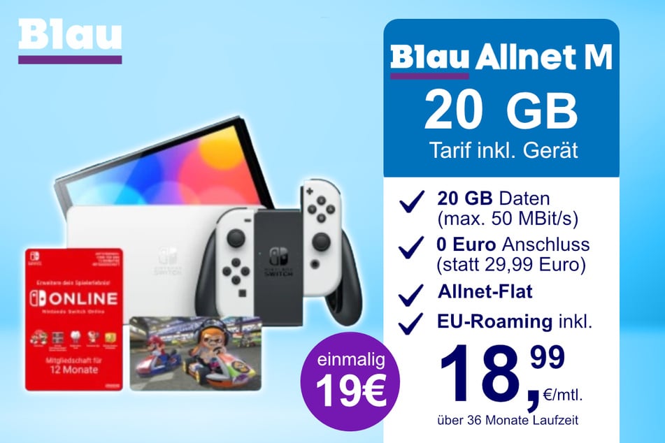Die Nintendo Switch OLED + Mario Kart 8 im Blau Allnet M inkl. 20 GB für einmalig nur 19 Euro.