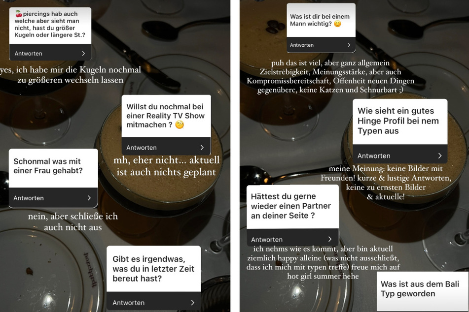 Die 24-Jährige fasste mehrere Fragen und ihre jeweiligen Antworten darauf in zwei Instagram-Storys zusammen.