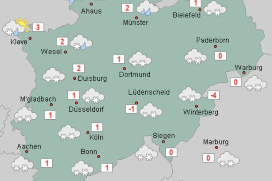 Die Prognosen für Donnerstag gehen in NRW von anhaltenden Schneeschauern bis in tiefere Lagen aus.