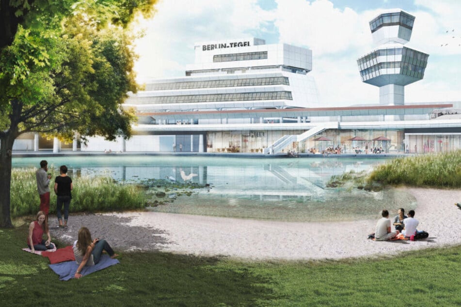 Tradition trifft auf Moderne: Eine Parkanlage mit See soll im Schatten des alten Flughafen-Towers entstehen. (Konzeptfoto)