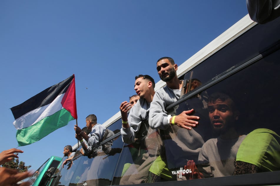 Freed Palestinian are greeted after being released from Israel prisons as part of a ceasefire deal, in Khan Younis in the southern Gaza Strip, on February 1, 2025.