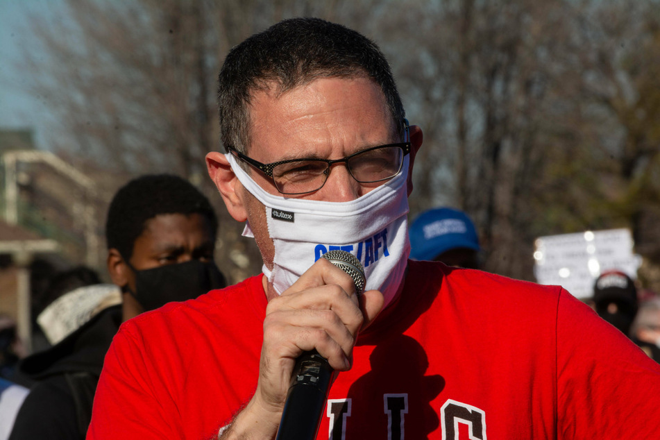 Teachers Union President Jesse Sharkey speaks to supporters and activists at a rally in Union Park, Chicago.