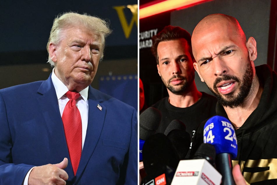 Donald Trump's (l) press secretary responded to concerns that the president would intervene in the extradition of Andrew (r) and Tristan Tate.