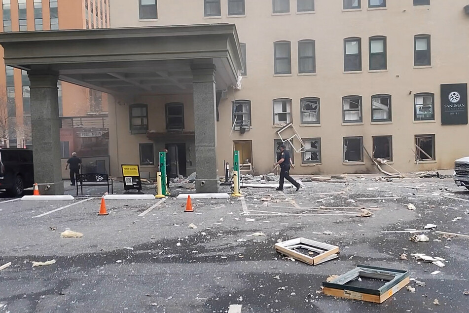 A view of damage and debris as first responders react to an explosion at the Sandman Hotel in downtown Fort Worth, Texas.