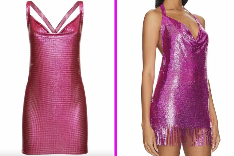 The dress debate is over the "Hailey Mesh Mini Dress With Crossed Straps" by Fannie Schiavoni (l.) vs. the "Fringe Mini Dress" by 8 Other Reasons (r.).
